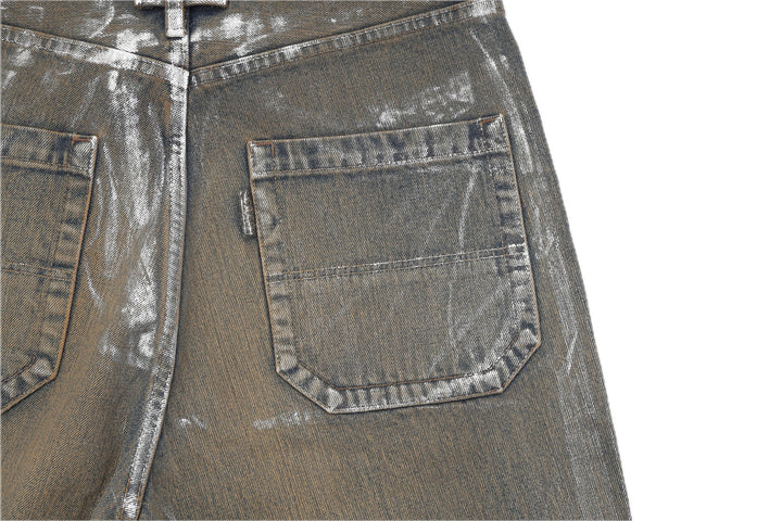 BOWL LEGGED PANTS 'GLOSSY DENIM' – BROWN – バックポケット (IMG_0077.JPG)