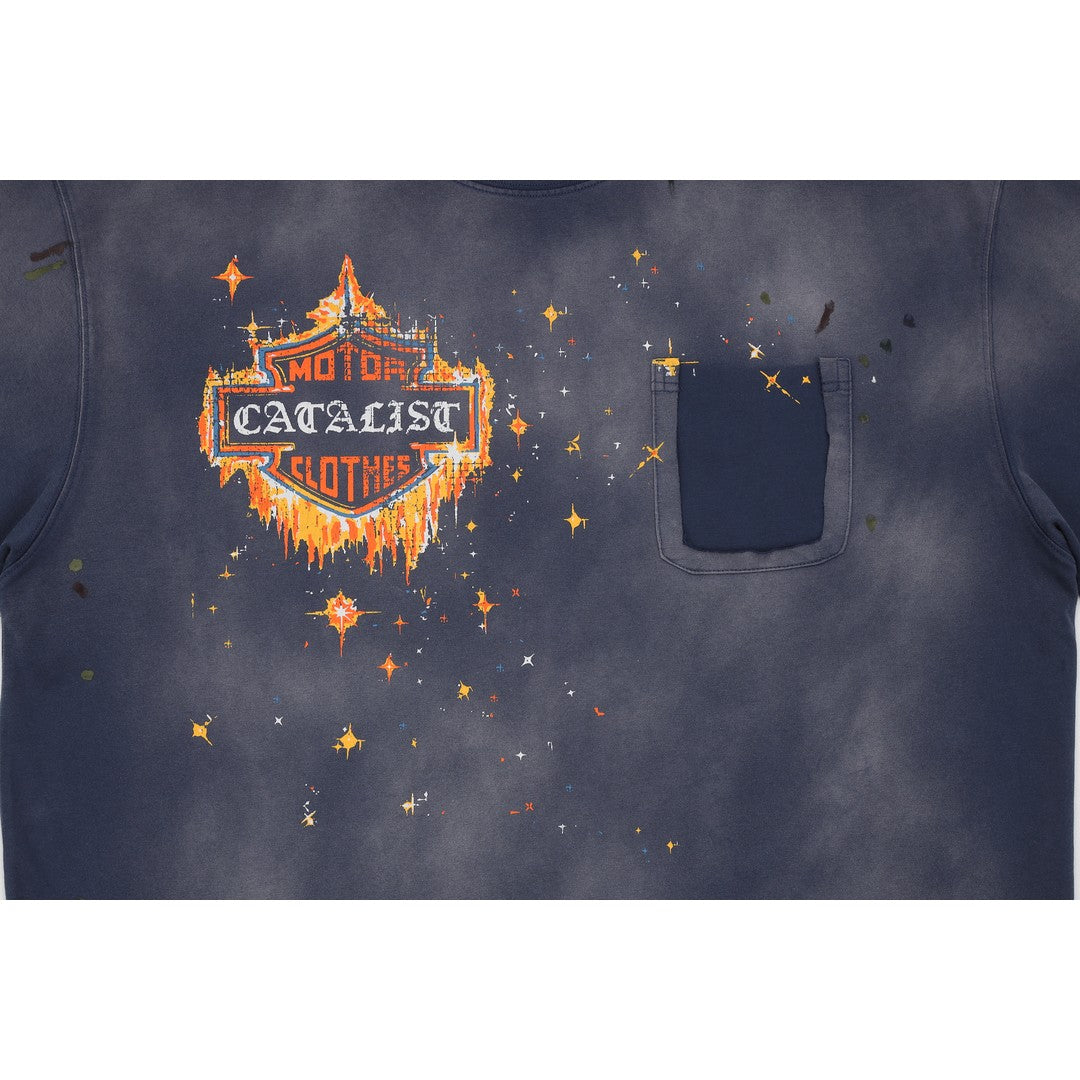 CATALIST POCKET TEE 'MOTOR CYCLE' NAVY graphic and pocket detail